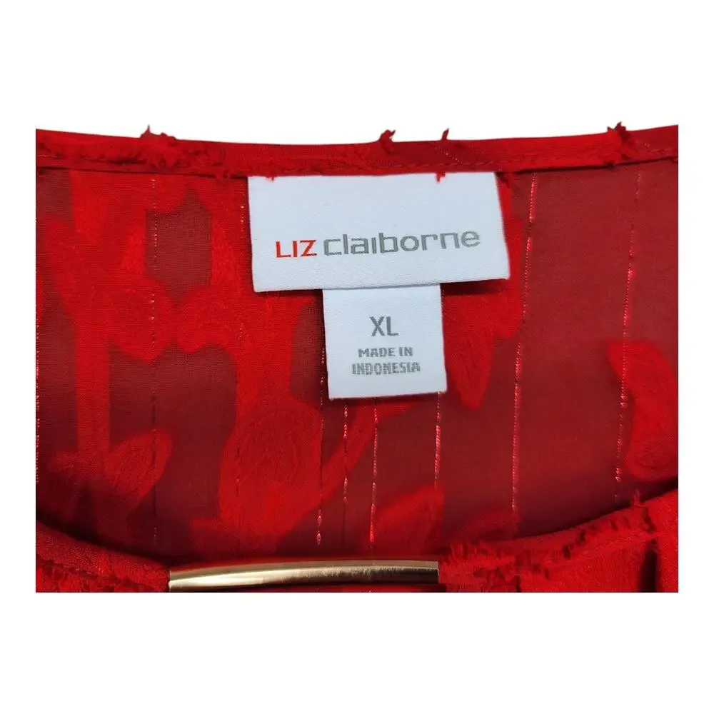 Liz Claiborne Blouse Women XL Red Sheer Lined Holiday Christmas Party Dressy Top - Picture 12 of 13